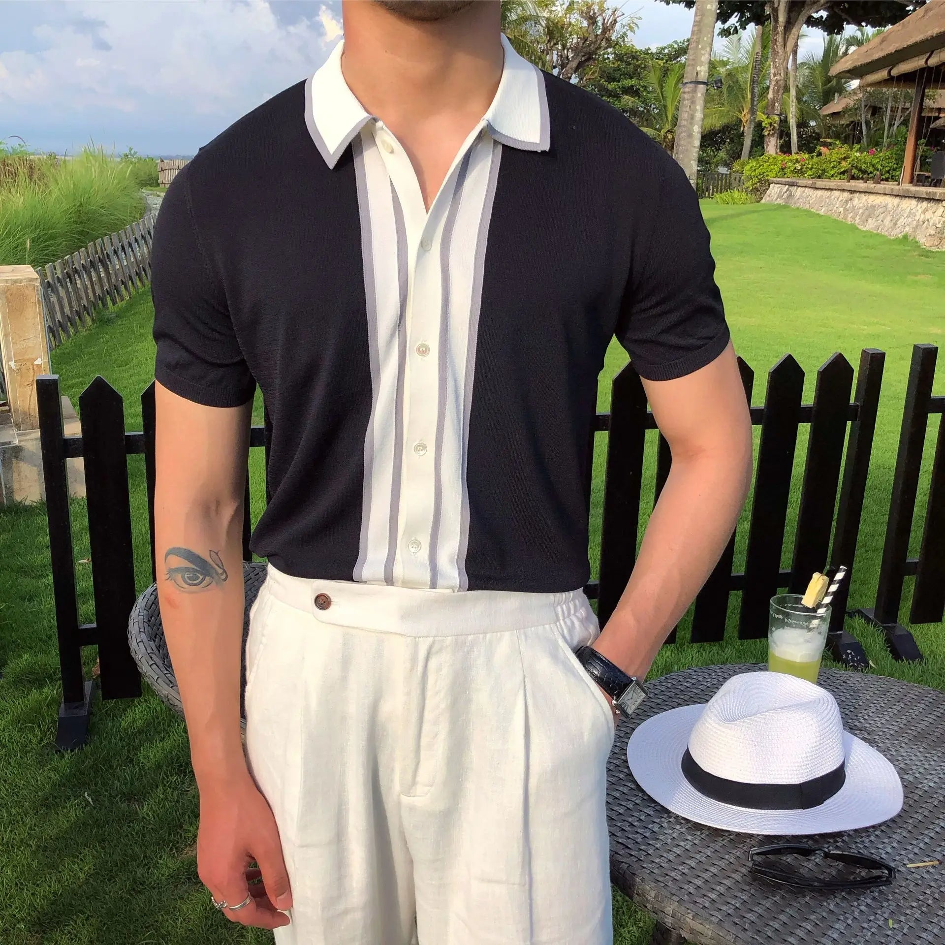 Contrast Trim Button-Up Knit Polo Real Old Money