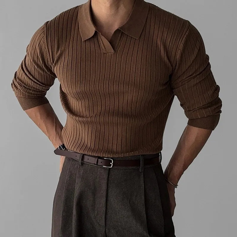 Men's Ribbed Knit Polo Sweater Real Old Money