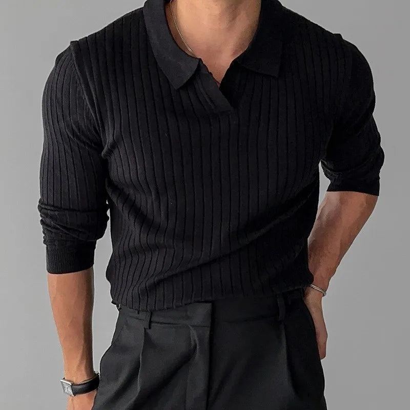 Men's Ribbed Knit Polo Sweater Real Old Money