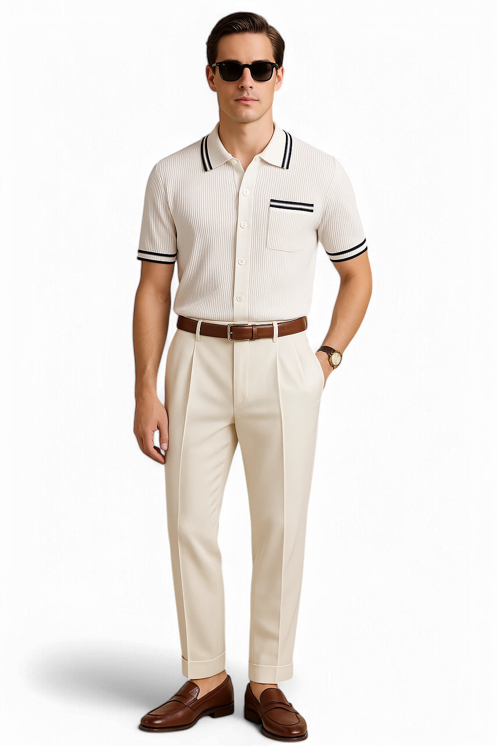Old-money cream knit polo shirt with navy trim