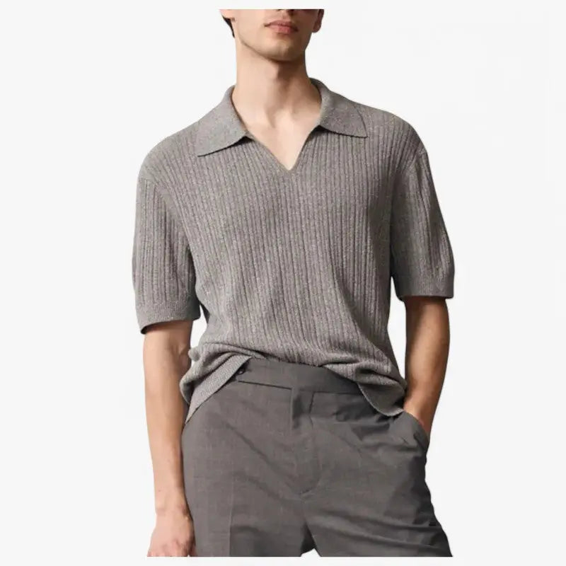 Ribbed Knit V-Neck Polo ROM