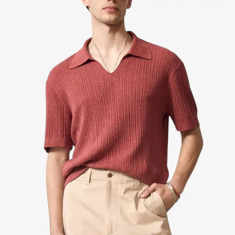 Ribbed Knit V-Neck Polo ROM