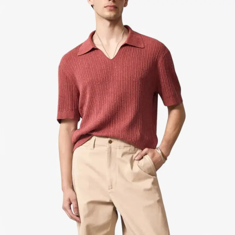 Ribbed Knit V-Neck Polo ROM