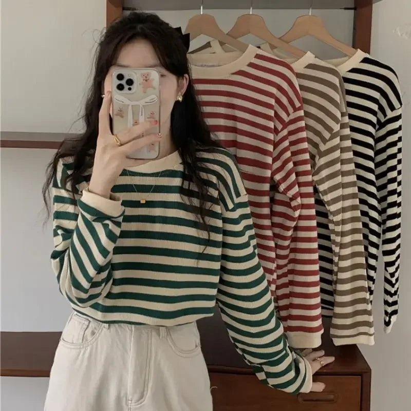 Striped Crew Neck Long Sleeve Top Real Old Money