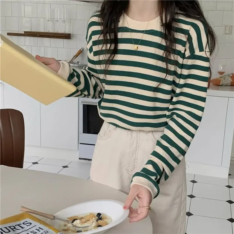 Striped Crew Neck Long Sleeve Top Real Old Money