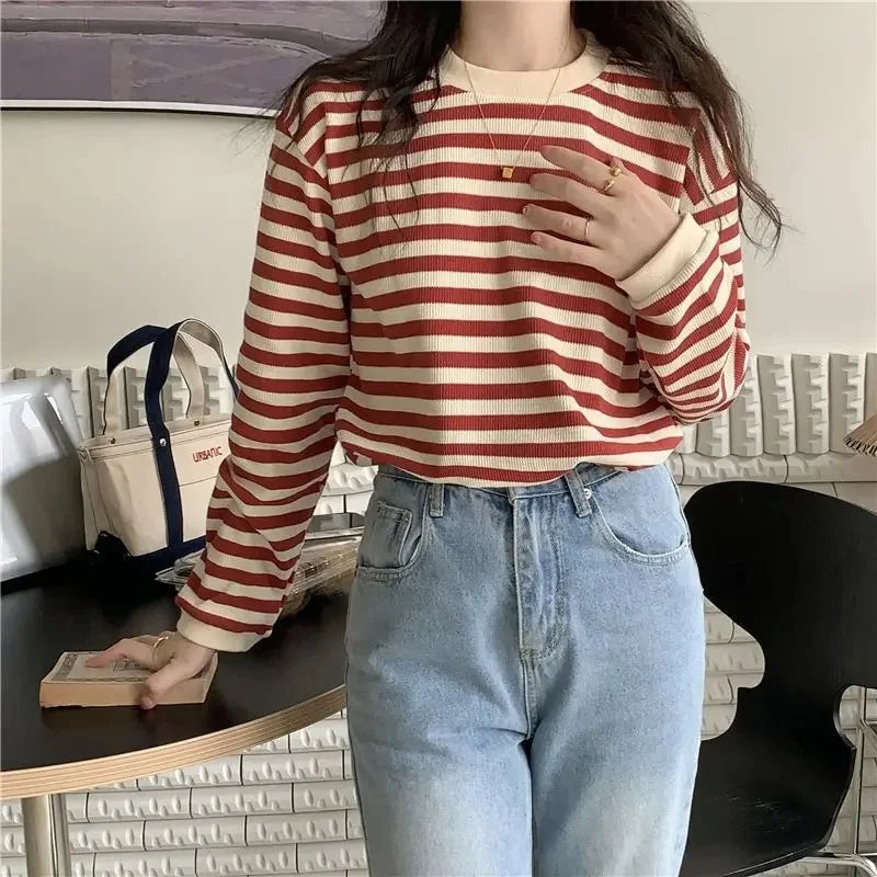 Striped Crew Neck Long Sleeve Top Real Old Money