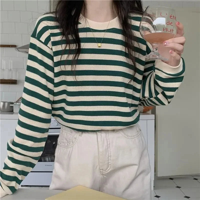 Striped Crew Neck Long Sleeve Top Real Old Money