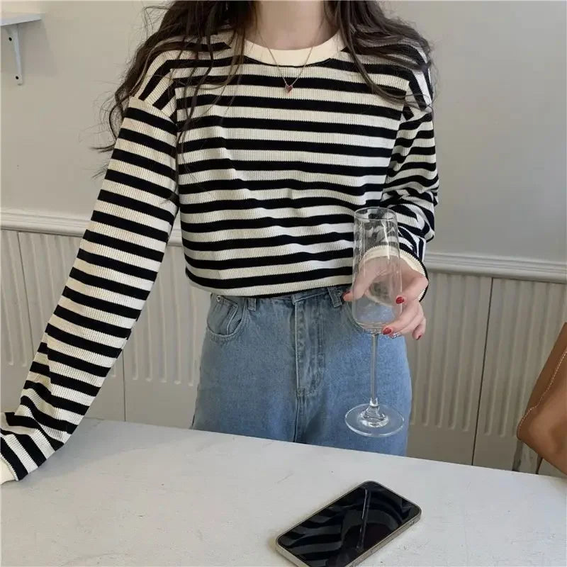 Striped Crew Neck Long Sleeve Top Real Old Money