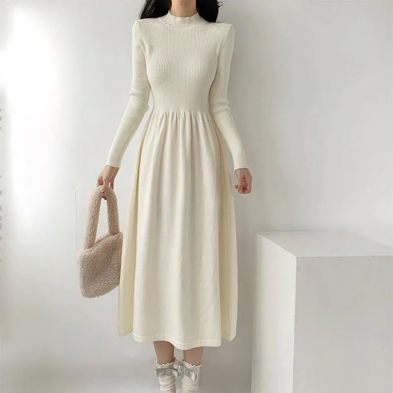 Ribbed Knit Turtleneck A-Line Dress Old Money