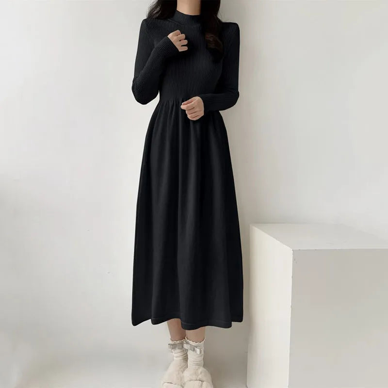 Ribbed Knit Turtleneck A-Line Dress Old Money