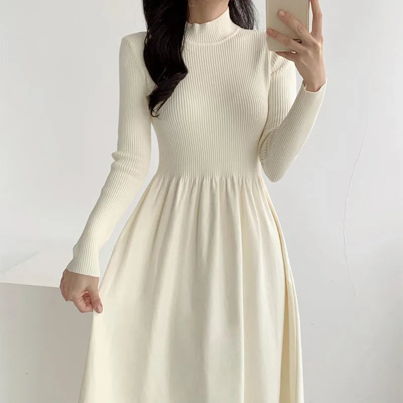 Ribbed Knit Turtleneck A-Line Dress Old Money