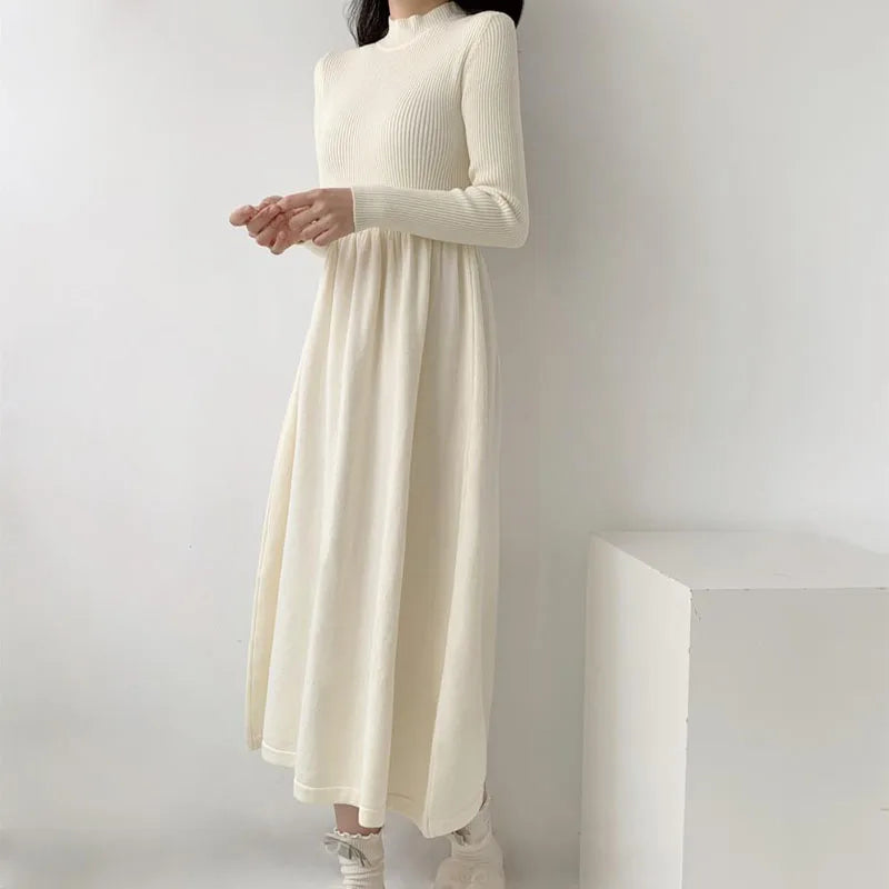Ribbed Knit Turtleneck A-Line Dress Old Money