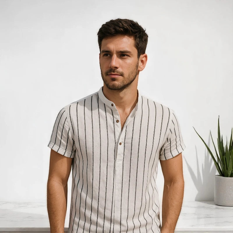 Striped Mandarin Collar Shirt Real Old Money